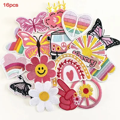 16Pcs/lot Pink Red Butterfly Patches Iron on for Cloth Jacket DIY Stickers Flowers Popular Stripes