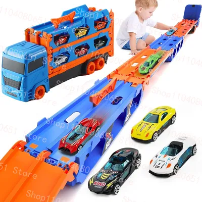 Transport Truck Toy 65-Inch Foldable Toddler Car Carrier for Boy Girl 9 in 1 Race Track and Die-Cast
