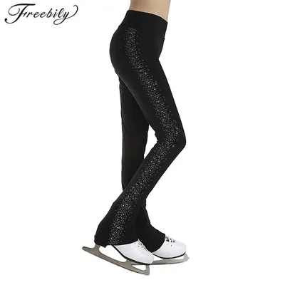 Kids Girls Figure Skating Pants High Waist Rhinestones Ballet Gymnastics Dancing Leggings Ice