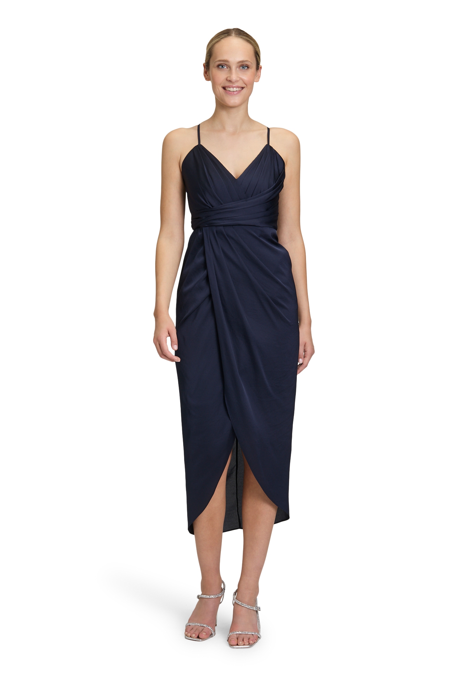 Abendkleid VERA MONT "Damen Abendkleid mit Raffung", Damen, Gr. 34, Normalgrößen, blau (night sky), Satin, Obermaterial: 100% Polyester. Futter: 100% Polyester / Futter2: 95% Polyester, 5% Elasthan., figurbetont lang, V-Ausschnitt, Kleider, Material Image