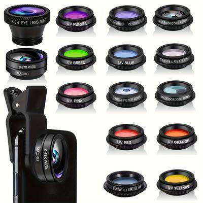 TEMU New 15-in-1 Mobile Lens Kit With 15 Features Suitable For Iphone, , And Smartphones, Universal Phone Holder+wide-angle Lens+ Lens++cpl+3/6 + Filter+red+blue+purple+ Lens