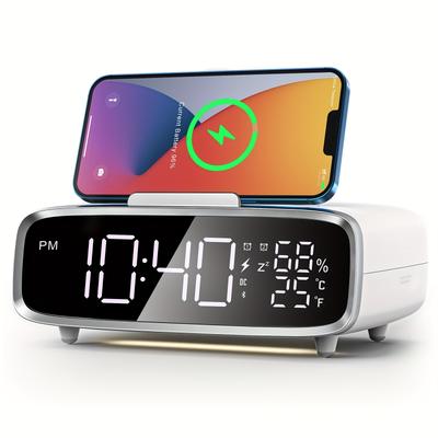 TEMU Alarm Clock With Wireless Charging, 6-in-1 Wireless Speaker, Usb Charging Port, Night Light, 3-level Digital Clock With Temperature, 12/, Bedroom Nap Alarm Clock