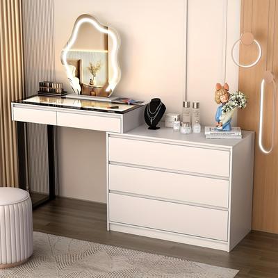 TEMU Vanity Desk With Mirror And Lights, Makeup Vanity With Glass Top, Dressing Table With 5 Drawers & Dresser & Jewelry Cabinet, 3 Color Lighting , White