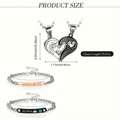 TEMU 6 Pcs Couples Necklace Bracelet And Ring Set, Includes Necklaces For Him And Heart Pendant