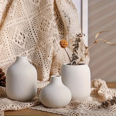 TEMU Contemporary White Ceramic Vase Set: Neutral Small Ribbed Vases For Table, Shelf, Bookshelf, And Entryway Decor