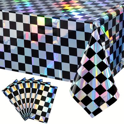 TEMU 6 Pack Black And Iridescent Checkered Plastic Tablecloth, Disposable Laser Rectangle Table Covers, Holographic Foil Tablecloth Iridescent Party Decorations For Picnic Camping Outdoor, 54x108inch