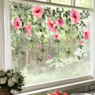 TEMU Contemporary Style Flower Window Decals - 1pc Pink Blooming Floral & Pvc Film, Self-adhesive Glass Sticker With Crystal - Semi-, Removable Murals For Decor