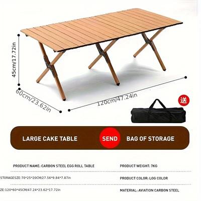 TEMU Lightweight Carbon Steel Folding Table With Wood Grain - Portable, Roll- For Camping & Outdoor , Non-slip Aluminum Frame, Ideal For Picnics & Home Use, Picnic Accessories