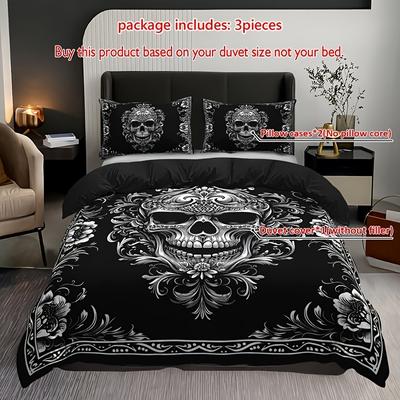 TEMU 3pcs Gothic Pattern Duvet Cover Set, 100% Polyester, Breathable, , , Machine Washable, Includes 1 Duvet Cover And 2 Pillowcases (no Insert) - Home And Dorm Decor