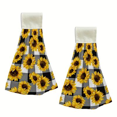 TEMU 2-pack Modern Sunflower Pattern Tie Towels, Black & White , Hand Washable, Knit Fabric, Polyester & Microfiber , Hanging Loop, Decorative Dish Cloths For Kitchen & Home Use