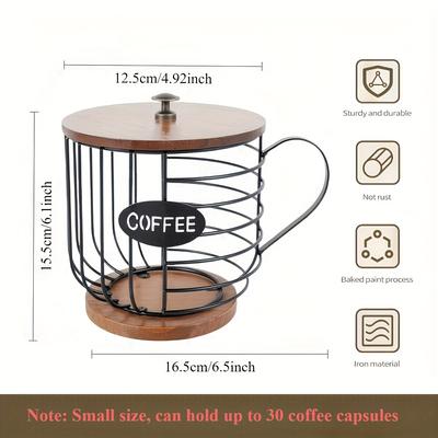 TEMU Large Capacity Coffee Pod Holder With Wooden Base - Modern, Anti-scratch Metal Wire Basket For Espresso Capsules & Pods - Kitchen, Bar, And Restaurant Decor