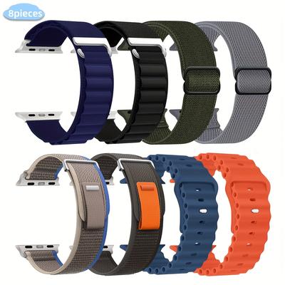 TEMU 8pcs Silicone Replacement Bands For Watch Ultra/se/10/9/8/7/6/5/4/3/2/1, Breathable , Alpine Loop & Elastic Strap With Deployant Clasp, Water-resistant Wristbands