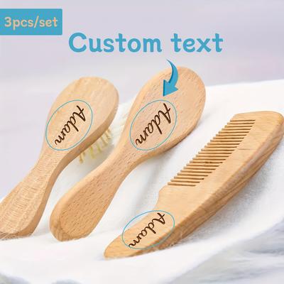 TEMU Custom 3pcs & Grooming Set - Personalized Wooden Comb, Shampoo Brush & Air Cushion For Gentle Hair Care - Perfect Christmas Gift