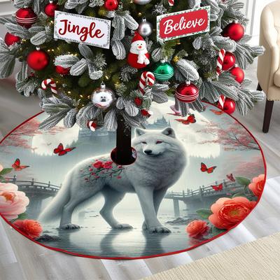 TEMU Wolf-themed Christmas Tree Skirt - Polyester, Holiday Decorations & Gifts