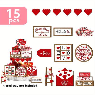 TEMU 15pcs Valentine's Day Tiered Tray Decor Set, Heart Table Decor Farmhouse Wooden Heart Table Sign Ornaments For Valentine Home Kitchen Decoration