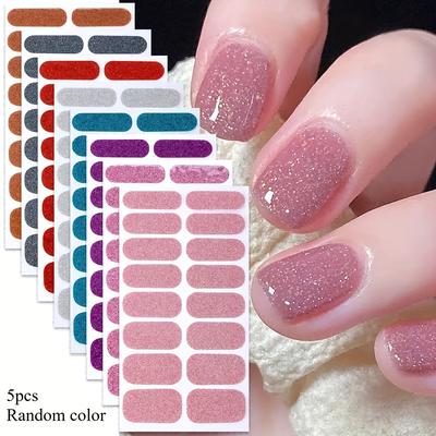 TEMU 5 Sheets Nail Full Wraps Nail Polish Strips, Pink Nail Glitter Self-adhesive Gel Nail Stickers, Suitable For Women's Home Diy Self-use Nail Art Supplies Nail Art Kit