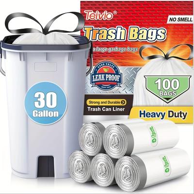 TEMU Teivio 30 Gallon Large Drawstring Trash Bags Strong Tall Kitchen Garbage Bags For Home/office/light Residential Waste/outdoor Trash Can, White Lawn Bags