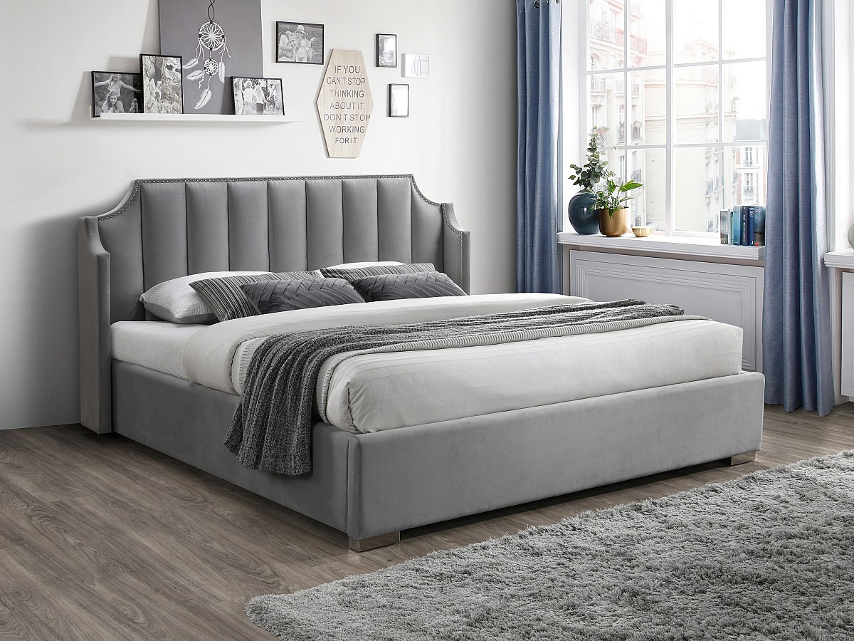 Letto con contenitore 160 x 200 cm con testata letto curva Velluto Grigio - TEOMIS