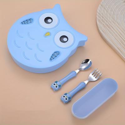 TEMU 3pcs Owl-shaped Dinnerware Set, Non-toxic Polypropylene Feeding Plate With Dividers And Stainless Steel Cutlery Set, Includes Storage Case - In Orange, Pink, Blue, Green