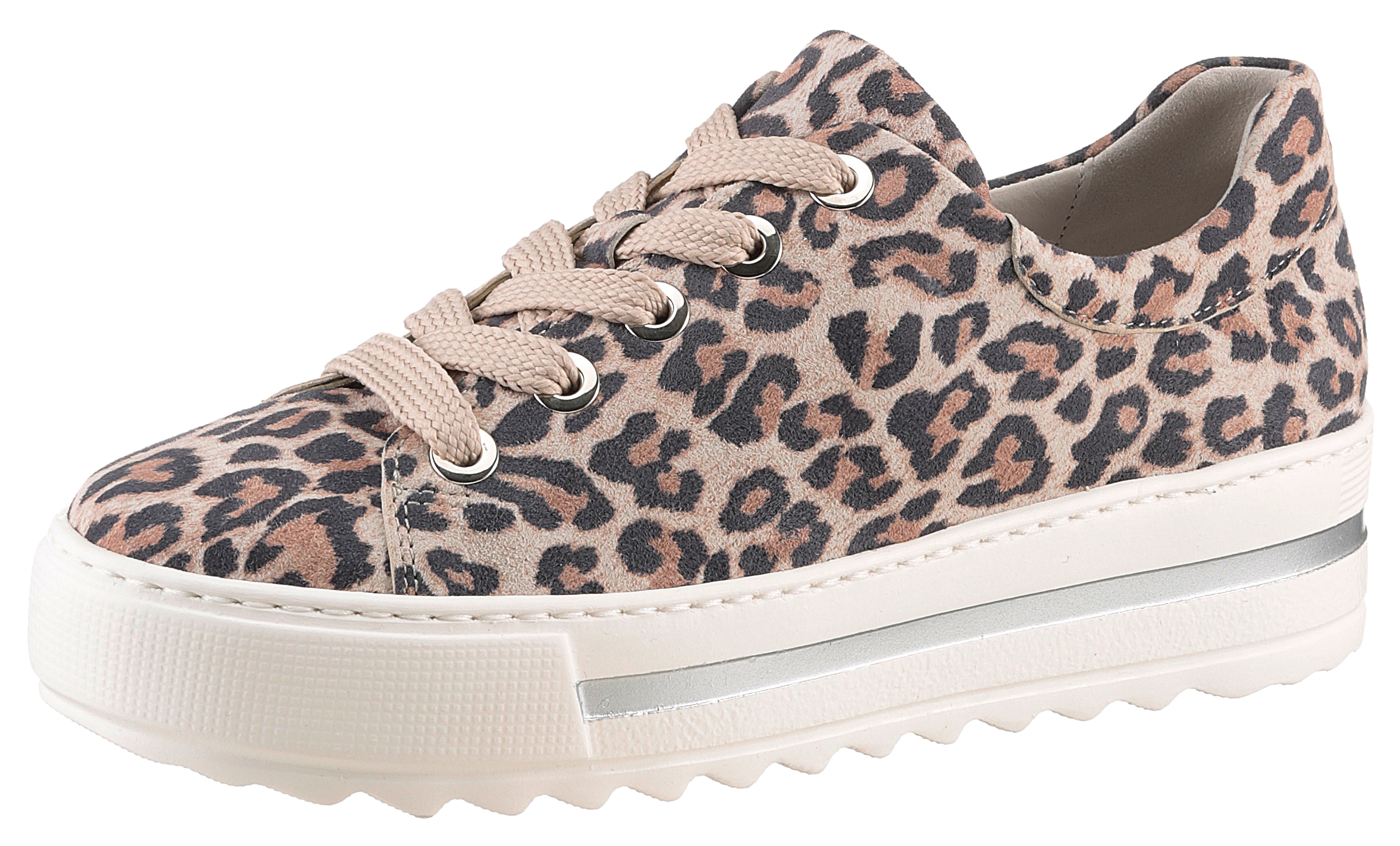 Plateausneaker GABOR "FLORENZ", Damen, Gr. 38, braun (leo), Ziegenveloursleder, animal-print, Schuhe Plateausneaker, Freizeitschuh, Halbschuh, Schnürer, modischer Leo-Look, Weite G