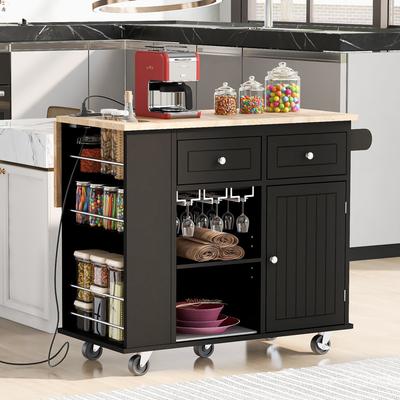 Rolling Kitchen Island Cart with Power Outlet, Drop Leaf Tabletop, Adjustable Storage, and Lockable Wheels for Kitchen