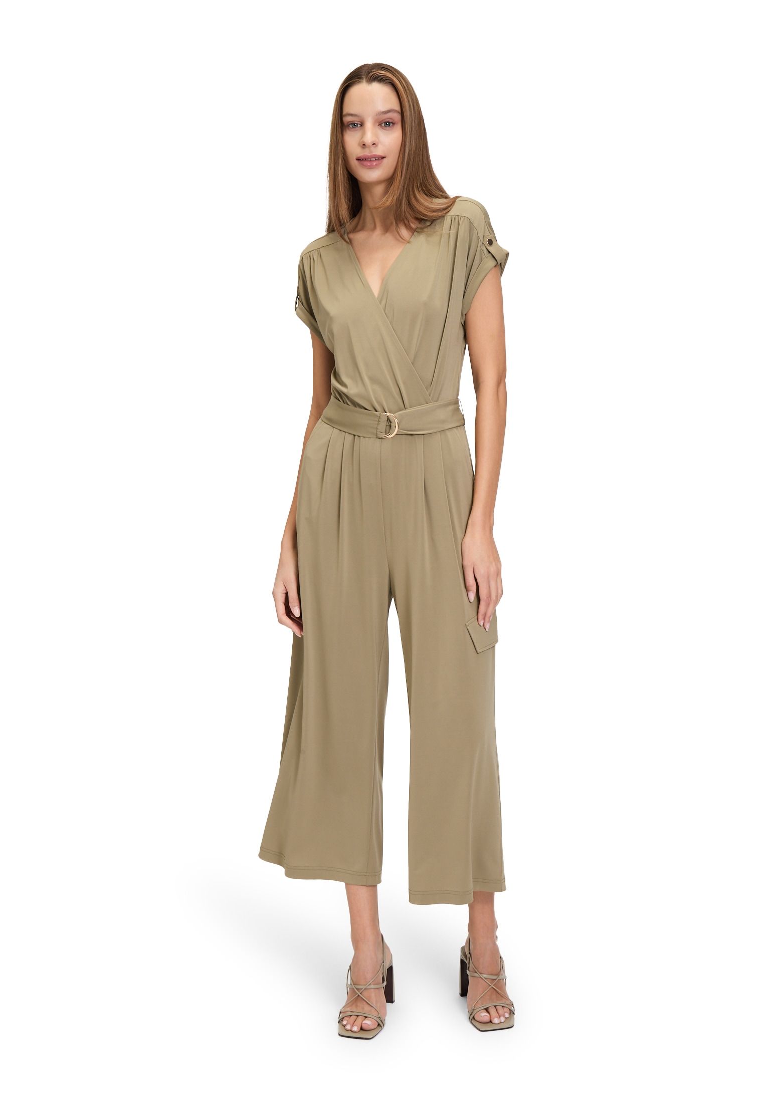 Overall BETTY BARCLAY "Damen mit Eingrifftaschen", Damen, Gr. 44, Normalgrößen, braun (soft olive), Obermaterial: 94% Polyester, 6% Elasthan, figurumspielend, V-Ausschnitt, Overalls Overall, Form