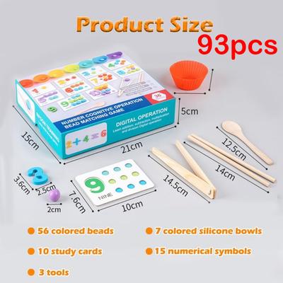 TEMU Wooden Number Counting & Bead Matching Set With Tweezers - Enhances Fine Motor Skills, Includes Vibrant Beads & Cards, Ideal Educational Toy For , Perfect Birthday Or Holiday Gift