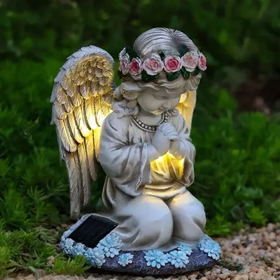 Angel Garden Statue Solar Resin Praying Angel Sculpture With Lights For Outdoor Patio Lawn Yard