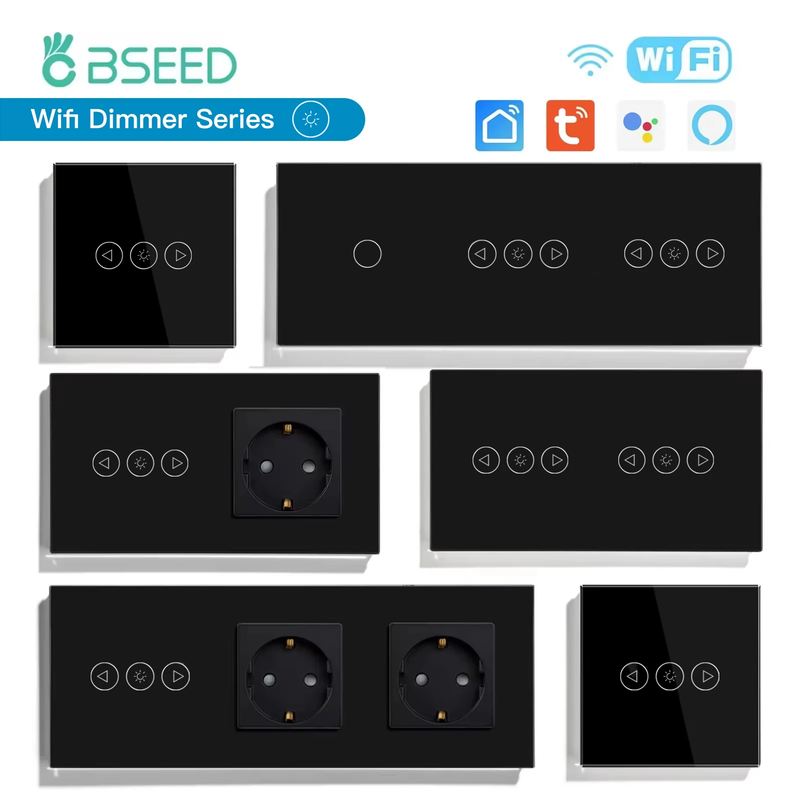 BSEED Wifi Smart Dimmer Schalter Tuya Smart Life Goolgle Home Control Plus Normale Typ-c USB EU Buchse Glas panel Schwarz Image