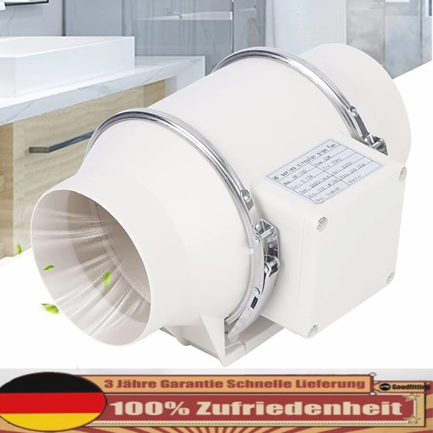 Kanalkanalventilator, Inline-Abluftventilator 100 mm, 220 m3/h, hohe Qualität, leiser Rauchrohrventilator für Belüftung und Abluftventilator Image