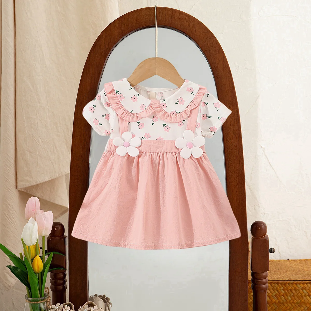 Baby Mädchen Kleid Sommer Blumen gedruckt Revers Mädchen Kleid niedlich gefälschte zweiteilige Kurzarm Mädchen Kleider Baby Kleidung Mädchen Image