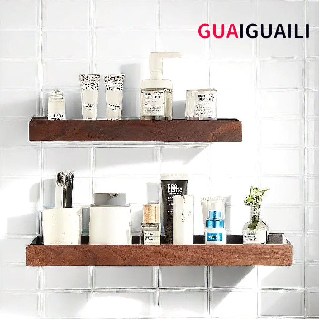 Étagère murale de salle de bain, support de rangement sans poinçon, étagères de salle de bain en bois pour organisateur de salle de bain, étagère de salle de bain sans perçage