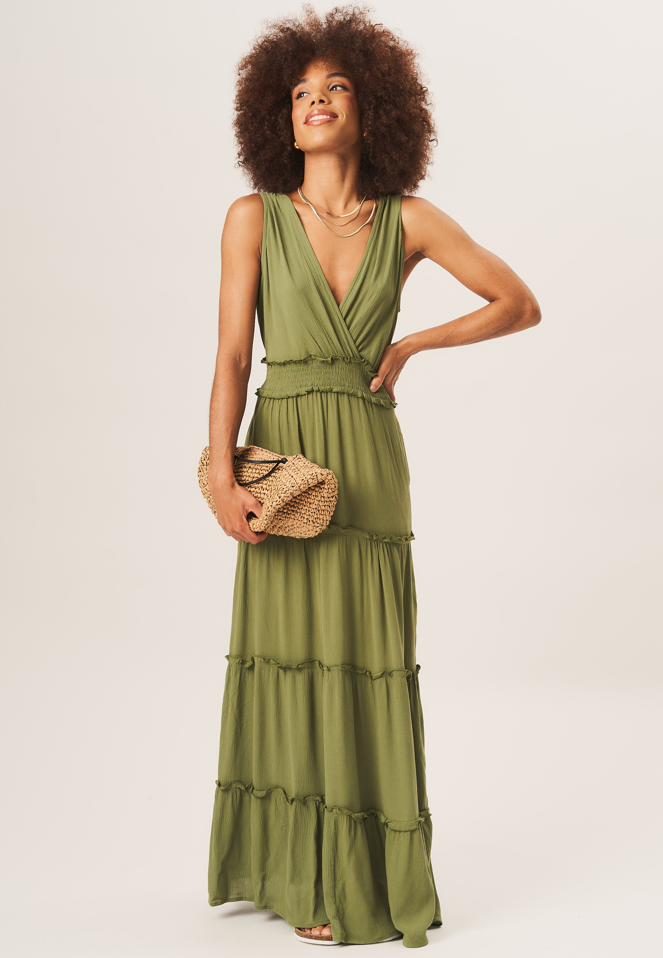 Geraffte Taille Wrap Tiered Midi Dress Image