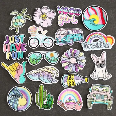 18pcs/lot Cartoon Flowers Rainbows Patches Iron on for Clothes Stripes Embroidered Cars Stickers