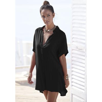 Longbluse LASCANA, Damen, Gr. 40, schwarz, Cru00eape, Obermaterial: 100% Viskose, casual, figurumspielend kurz, Kurzarm 