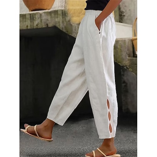 Damen Baumwoll Mischung Chinos Sommerhose Mode Streetwear Knöchellang Hohe Taille Einfach Tasche Elastischer Bund Bequem Weich Mikroelastisch Outdoor Straße Dunkelbraun Dunkelgrün Wein Rubinrot Image