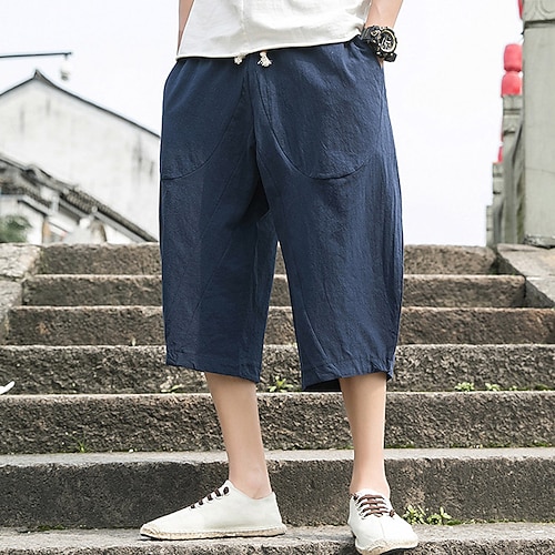 Herren Leinenshorts Kurze Hosen Sommer-Shorts Caprihose Tasche Kordelzug Elastische Taille Glatt Komfort Atmungsaktiv Wadenlänge Casual Festtage Ausgehen Leinen / Baumwoll Mischung Stilvoll Klassisch Image
