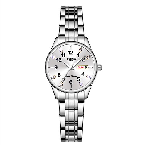 neue Damen-Modeuhr mit rundem Zifferblatt und Strasssteinen, wasserdicht, leuchtend, Kalenderwochenanzeige, Legierungsarmband, Multifunktions-Business-Quarzuhr, geeignet für Reisen und Freizeit, Image