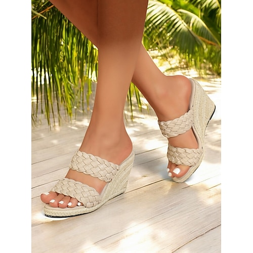 rote gewebte Slide-Sandalen für Damen – stylischer Keilabsatz, Sommer-Strand- und lässiges Outdoor-Schuhwerk Image