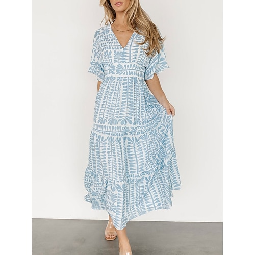 Damen Midikleid Casual kleid Boho Chic Kleider Boho-Kleid Böhmen Vintage Stilvoll Urlaub Casual Täglich Regular Fit Streifen Kurzarm V Ausschnitt Schwarz Hellgrün Leicht Blau Sommer Frühling Image