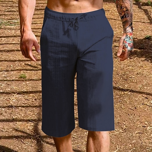 Herren Leinenshorts Kurze Hosen Sommer-Shorts Caprihose Kordelzug Elastische Taille Glatt Komfort Atmungsaktiv Outdoor Täglich Ausgehen Leinen / Baumwoll Mischung Modisch Brautkleider schlicht Image