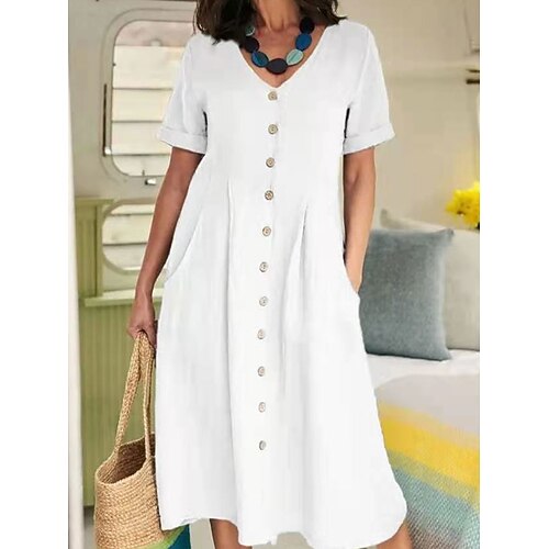 Damen Midikleid Baumwoll Mischung Shiftkleid Elegant Vintage Basic Lässig Täglich Urlaub Normale Passform Einfach Kurzarm V Ausschnitt Blau Weiß Grün Khaki Sommer Frühling Image