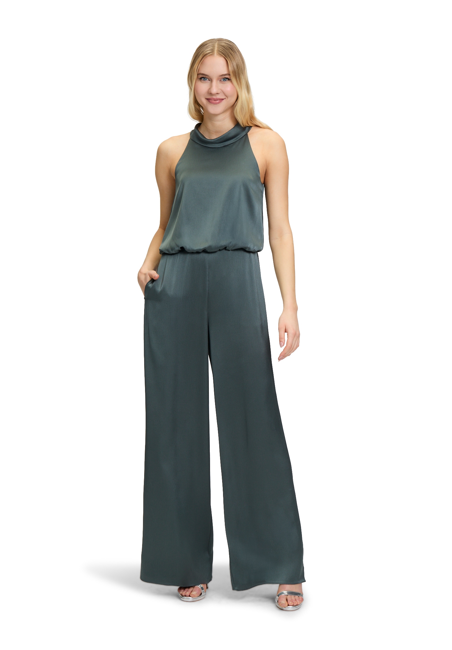 Overall VERA MONT "Damen mit Taschen", Damen, Gr. 44, Normalgrößen, grau (grau olive), Satin, Obermaterial: 98% Polyester, 2% Elasthan; Futter: 100% Polyester, festlich, figurumspielend, amerikanischer Ausschnitt, Overalls Overall, Material