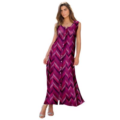 Plus Size Women's Hand Crinkled Button Front Dress by Roaman's in Berry Chevron Print (Size 14/16)