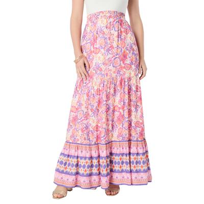Plus Size Women's Tiered Maxi Skirt by Roaman's in Floral Ikat Border (Size 16 W)