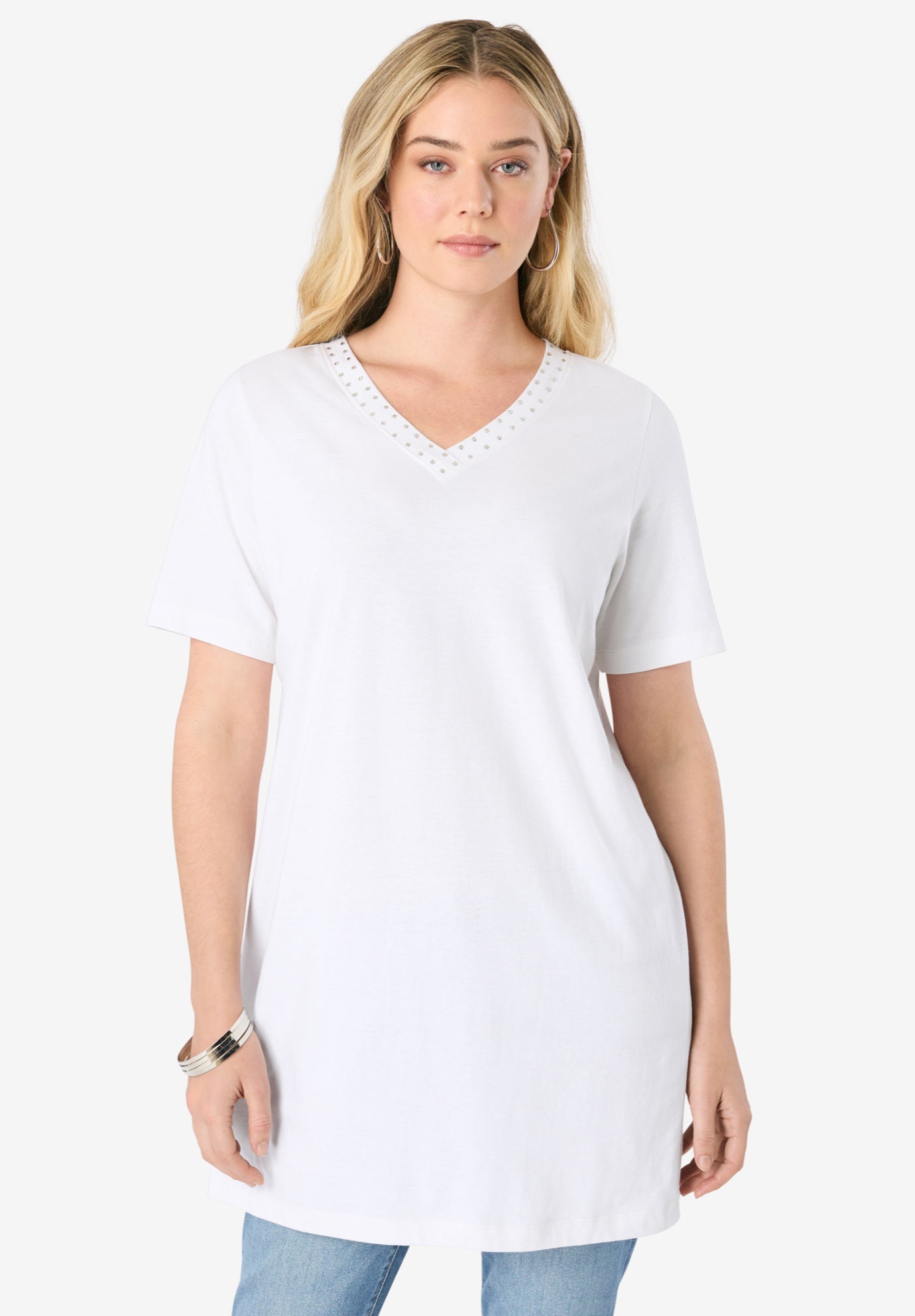 Plus Size Women's Ultimate Rhinestone V Neck Tunic by Roaman's in White (Size 14/16)