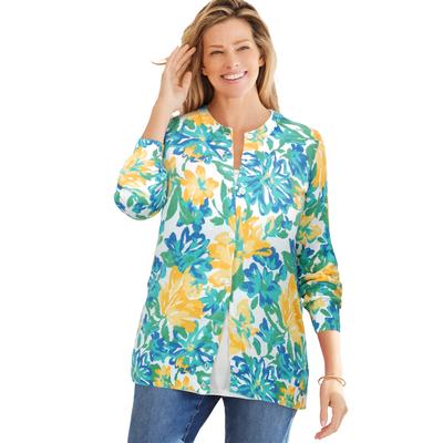 Plus Size Women's Perfect Long-Sleeve Cardigan by Woman Within in Yellow Painted Floral (Size S) Sweater