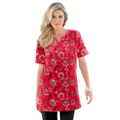 Plus Size Women's Print Notch Neck Soft Knit Tunic by Roaman's in Vivid Red Porcelain Floral (Size 5X) Short Sleeve T-Shirt