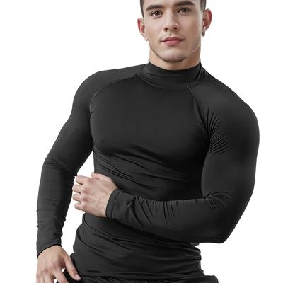TEMU Men's Thermal Long Sleeve Shirt - Quick-dry, High-elasticity, Moisture-wicking Athletic Base Layer For Running, Gym & Outdoor Sports, Black Image