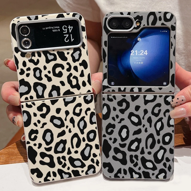 Für Samsung Galaxy Z Flip 5, 4, 3, 6, 5G Leopardenmuster, faltbare Handyhülle, Lederstruktur, TPU, weiche Abdeckung für Samsung Z Flip4 Flip3 Image